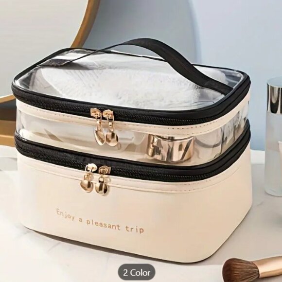 ✨NEW✨ Stylish Double-Layer Makeup Bag - Beige - Transparent - Picture 3 of 4